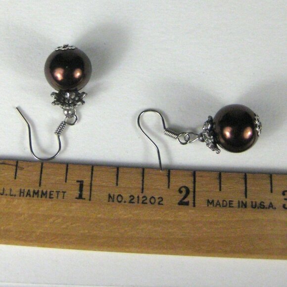 Earring Pierced 1.1 in Jewelry Beaded  Dangle Wire Hook Brown Silvetone - Picture 2 of 5